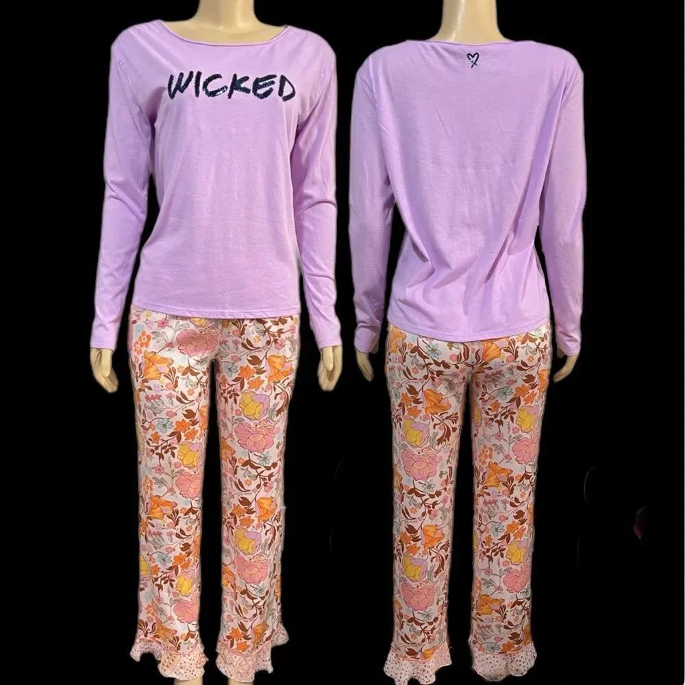 Victorias Secret Silky Satin floral pants & soft top Sequin WICKED pajama set S